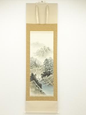 春泉筆　彩色山水　肉筆絹本掛軸（共箱）